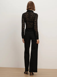 Full-length back view of the Veronica Beard Wittaker Lace Shirt in Black showing the sheer floral lace.