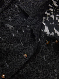 Close-up of the floral stretch lace and buttons on the Veronica Beard Wittaker Lace Shirt in Black.