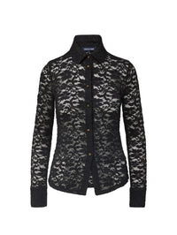 Flat lay of the Veronica Beard Wittaker Lace Shirt in Black with collar, wide cuffs and cutaway hem.