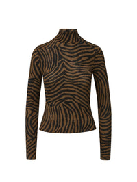 Flat lay of the Veronica Beard Wyeth Zebra Turtleneck Top in Ochre/Black on a white background.