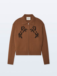 Flat lay of the White & Warren Cashmere Blend Horse Bomber in Umber/Black with mirrored stallions.