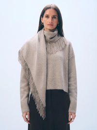Front view of the White + Warren Cashmere Blend Scarf Sweater in Misty Brown Heather with fringed scarf draped