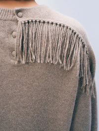 Close up of the button attached fringe scarf on the White + Warren Scarf Sweater in Misty Brown Heather