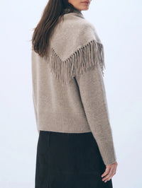 Back view of the White + Warren Cashmere Blend Scarf Sweater in Misty Brown Heather with fringe yoke