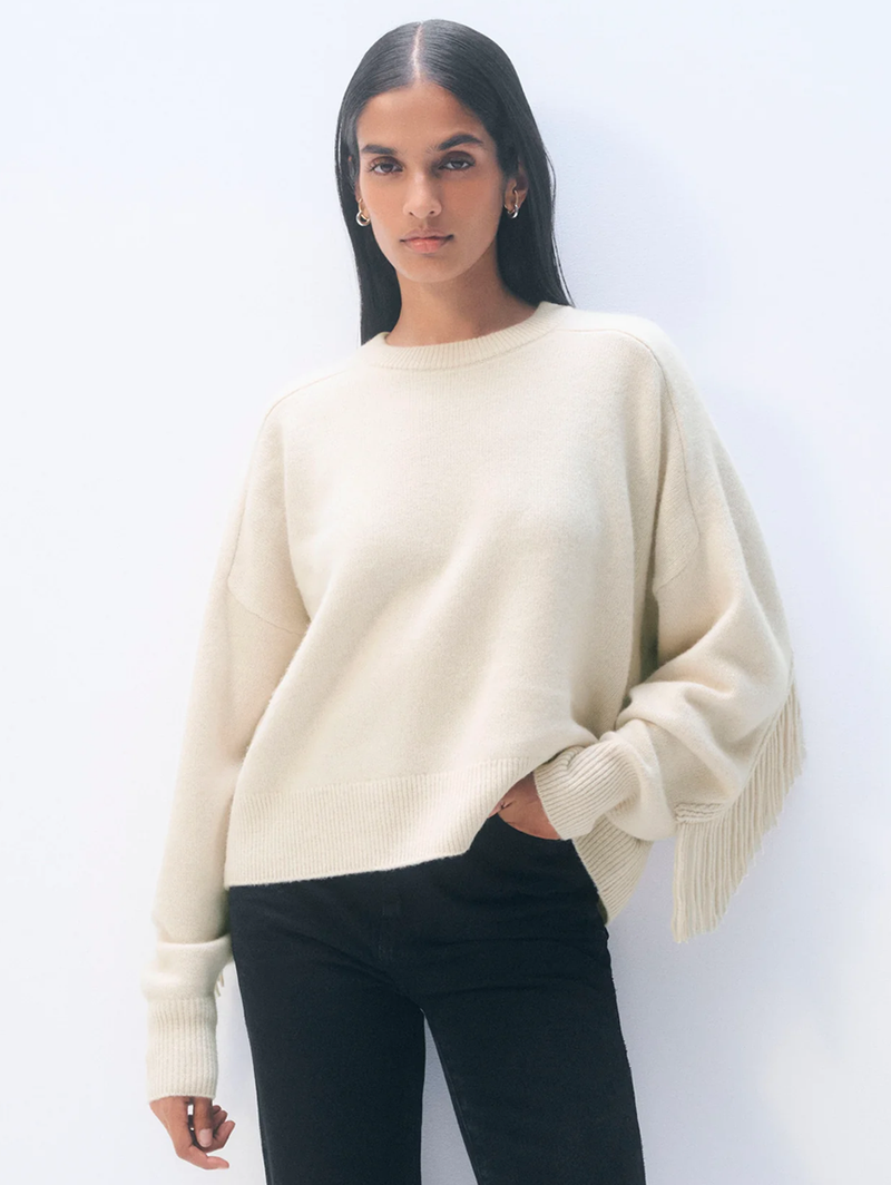 Cashmere Blend Luxe Fringe Crewneck