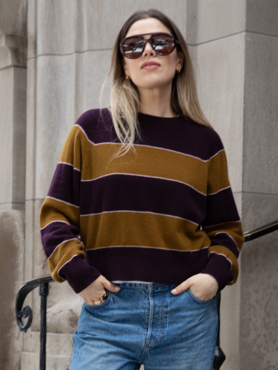 Cashmere Striped Sweatshirt in Deep Plum Combo
