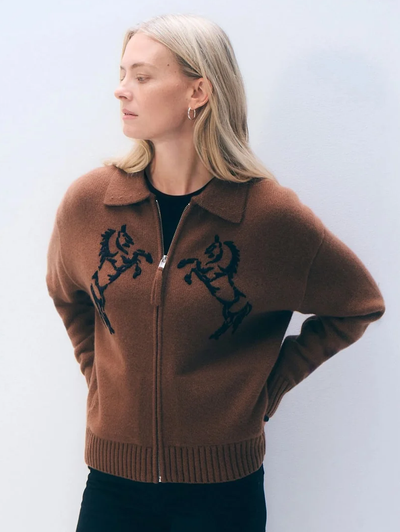 Cashmere Blend Embroidered Horse Bomber in Umber/ Black