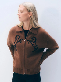 Cashmere Blend Embroidered Horse Bomber in Umber/ Black
