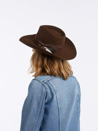 Back view of the Yellowstone Hat in brown by WYETH, styled with a denim jacket