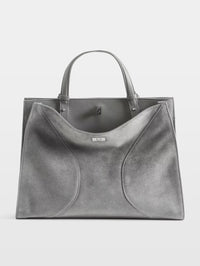 Front view of the Zadig & Voltaire Jack Suede Bag in Road grey with curved suede panels and a silver twist-lock clasp.