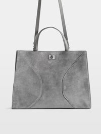 Front view with the shoulder strap attached on the Zadig & Voltaire Jack Suede Bag in Road grey.